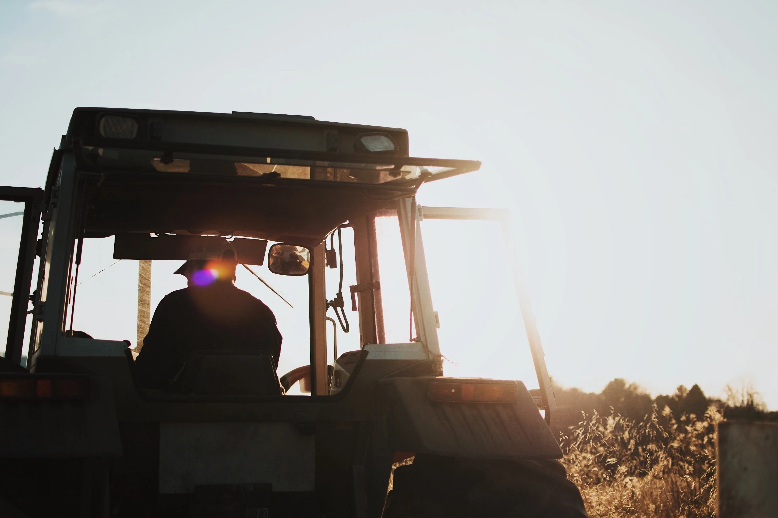 tracteur en champs avec épis de blé et coucher de soleil